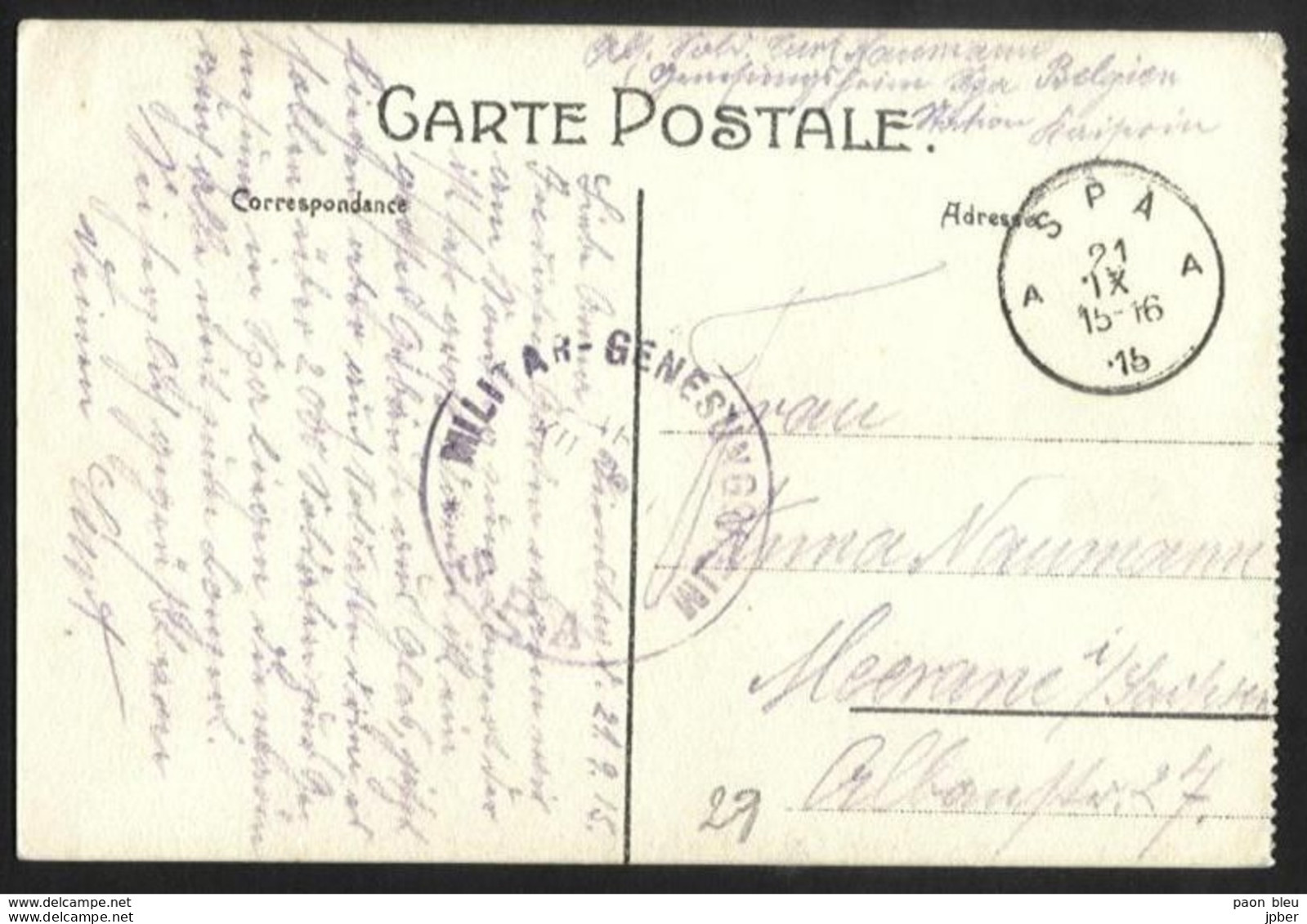 Belgique - Guerre 14-18 - Obl. SPA + Cachet MILITAR-GENESUNGSHEIM + Verso Allée Du Parc - Duits Leger