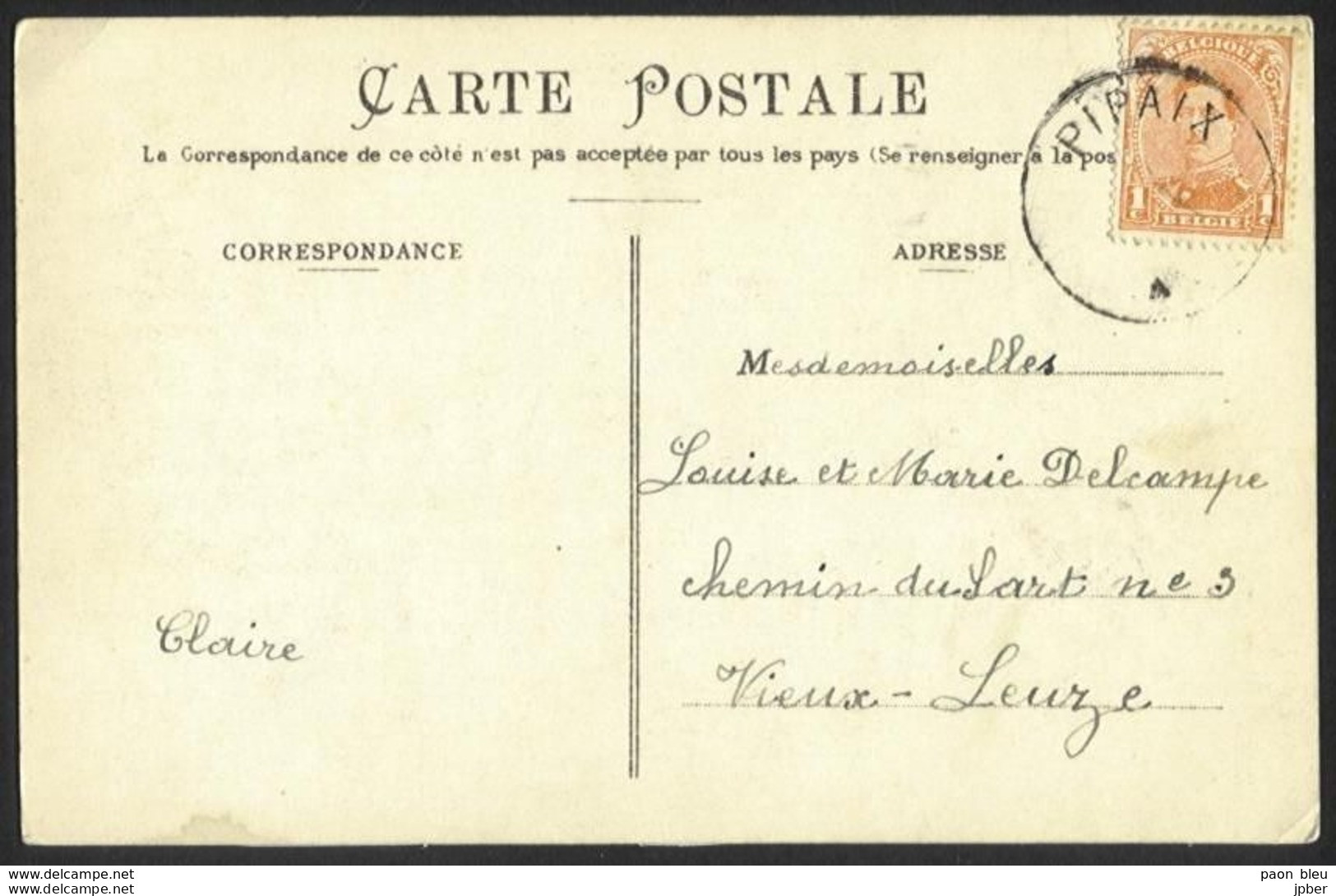 Belgique - Obl.fortune 1919 - Obl. PIPAIX Centre Vide + Verso Statue Maréchal De Ligne - Fortune Cancels (1919)