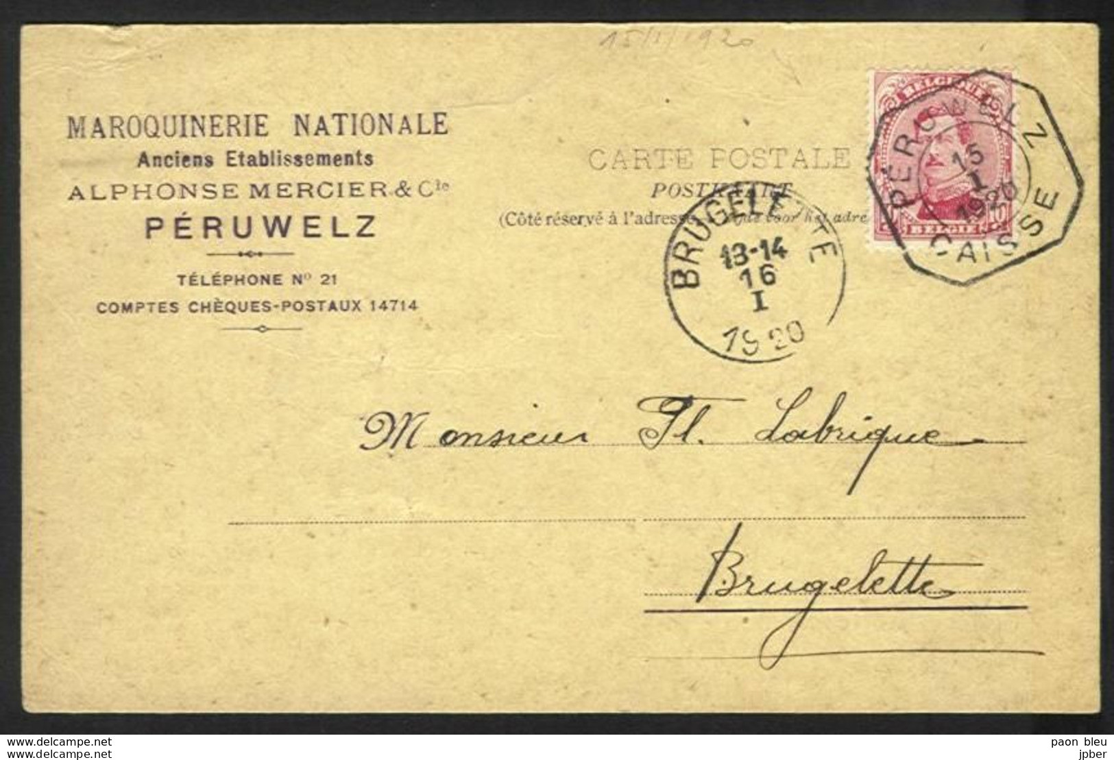 Belgique - Obl.fortune 1919 - Obl. Cachet Octogonal PERUWELZ CAISSE 15 I 1920 + Cachet Brugelette - Noodstempels (1919)