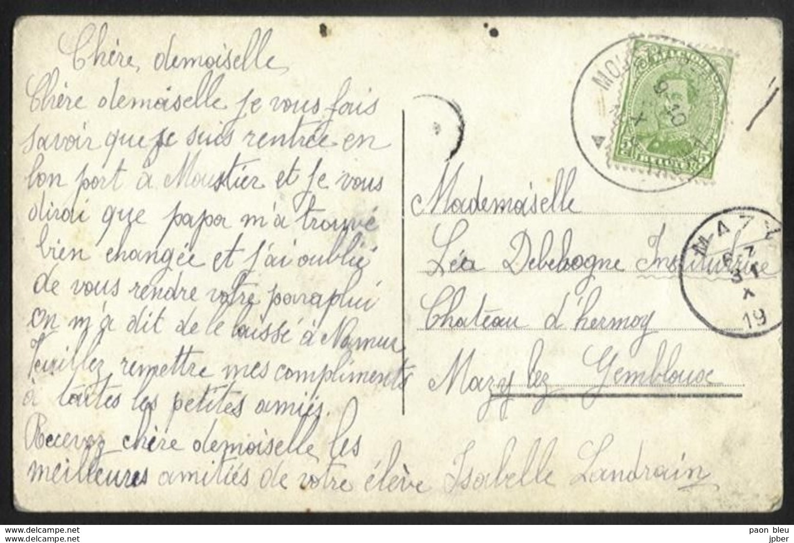 Belgique - Obl.fortune 1919 - Obl. MOUSTIER-SUR-SAMBRE + Cachet MAZY - Noodstempels (1919)