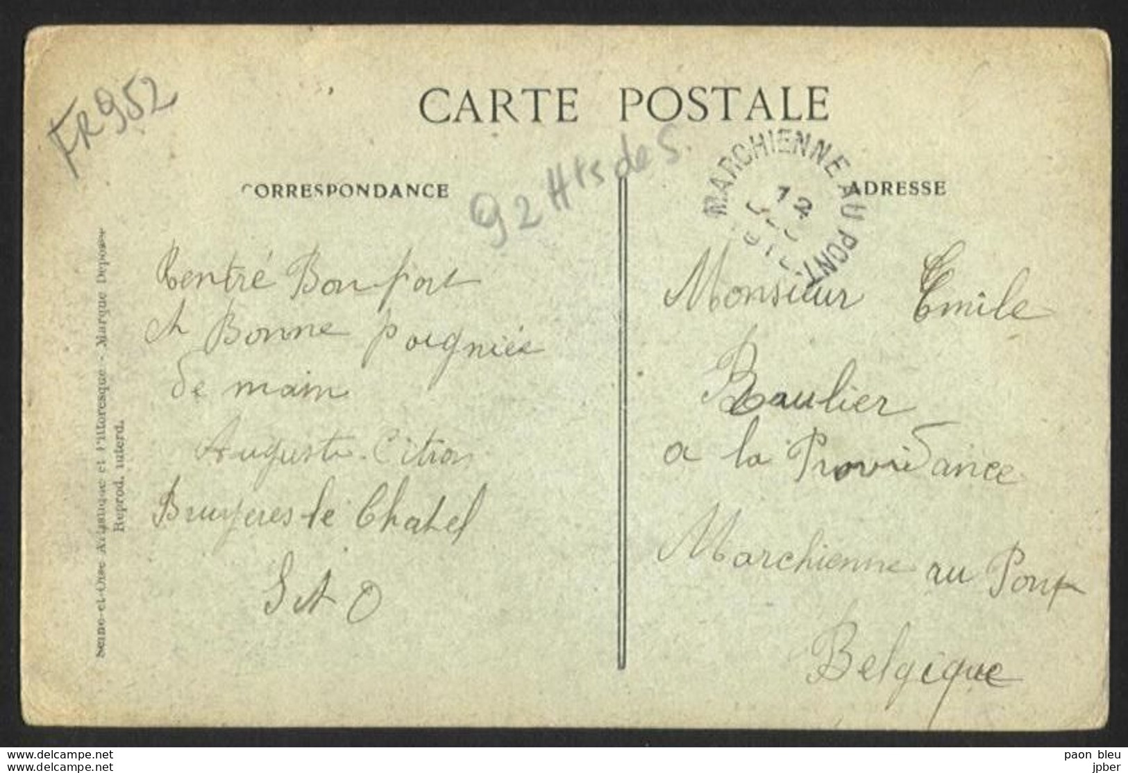 Belgique - Obl.fortune 1919 - 2 Scan - Cachet Type électoral MARCHIENNE-AU-PONT + Verso Bruyères Le-Chatel (France) - Fortune (1919)