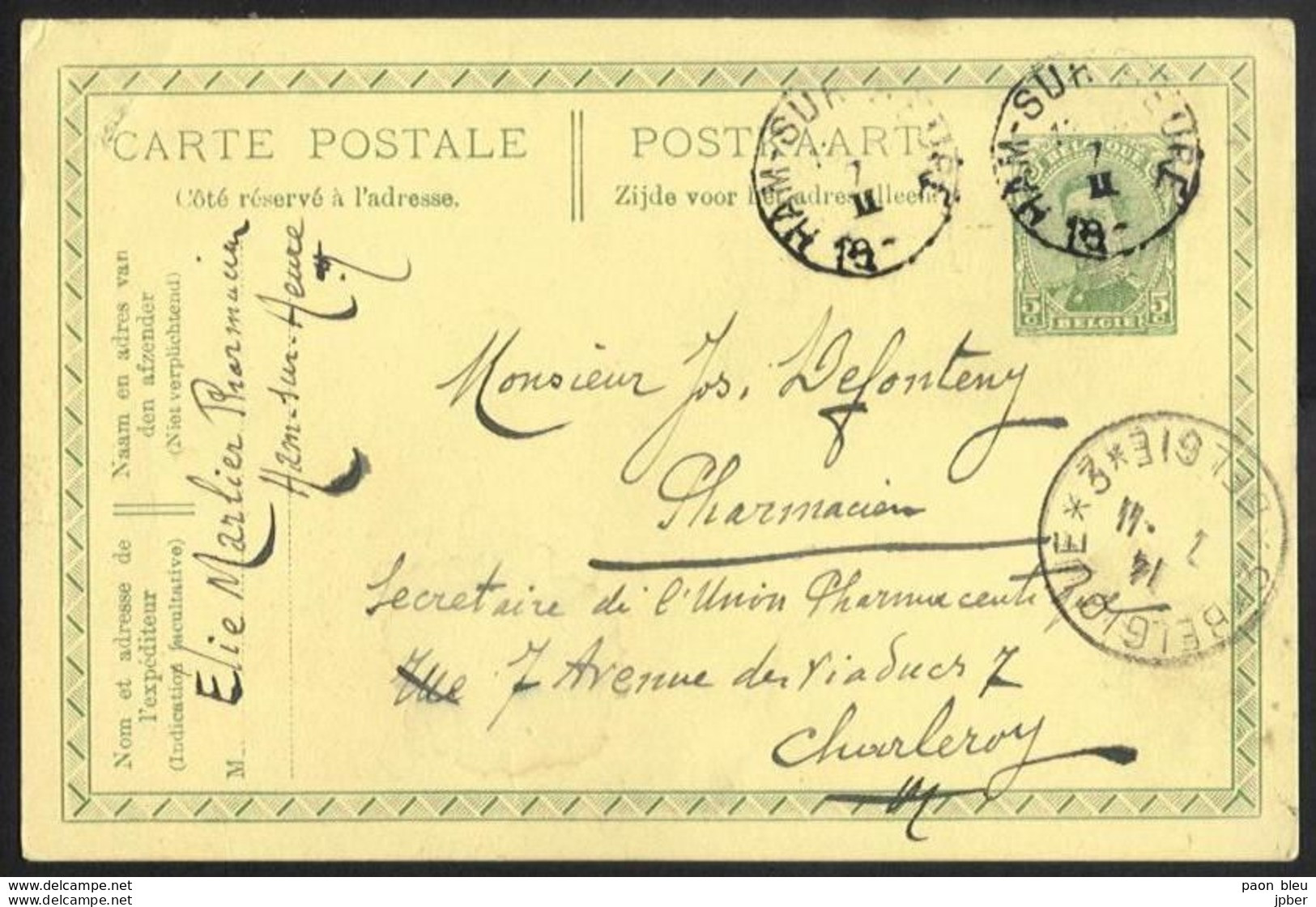Belgique - Obl.fortune 1919 - Obl. HAM-SUR-HEURE Année Grattée + Cachet BELGIQUE*3*BELGIE - Sonstige & Ohne Zuordnung
