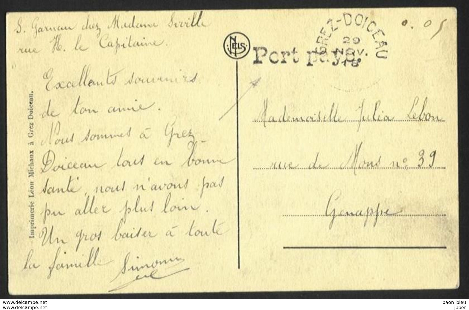 Belgique - Obl.fortune 1919 - 2 Scan Obl. Type électoral GREZ-DOICEAU + Cachet Port Payé + écrit 0,05 + "les Jonquilles" - Andere & Zonder Classificatie