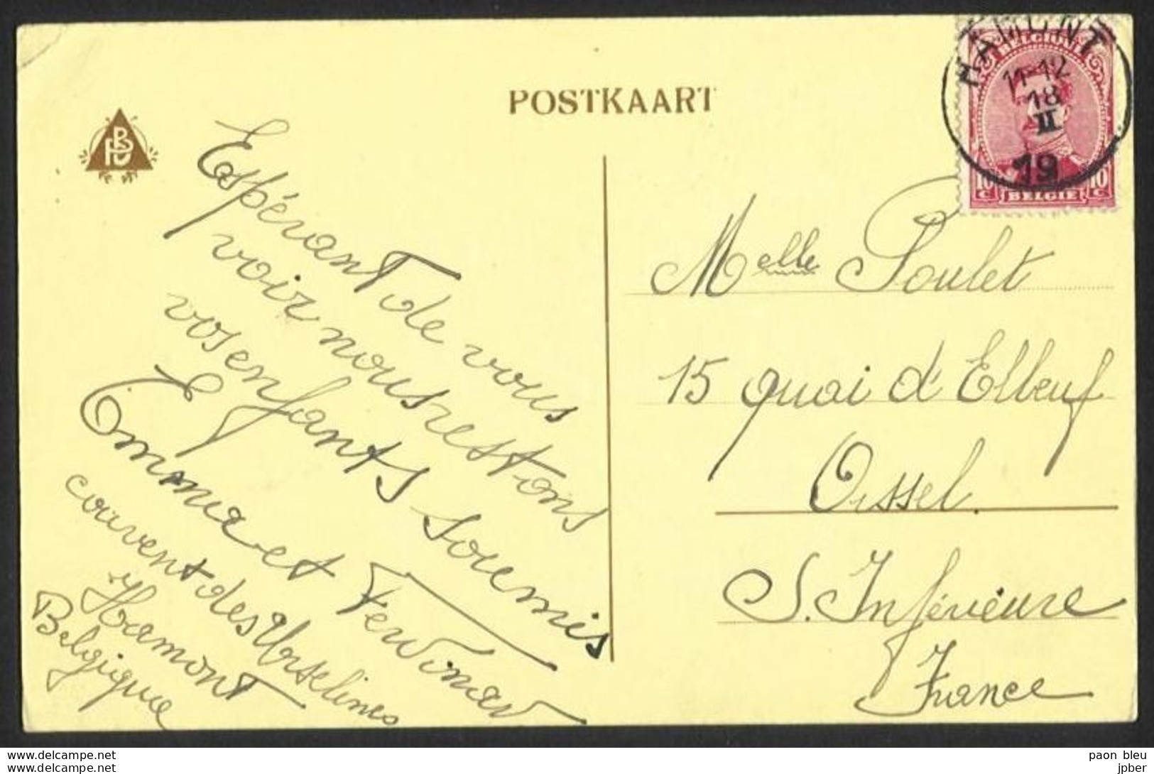 Belgique - Obl.fortune 1919 - 2 Scan + Obl. HAMONT Sans L'année + Verso Pensionnat Des Ursulines - Other & Unclassified