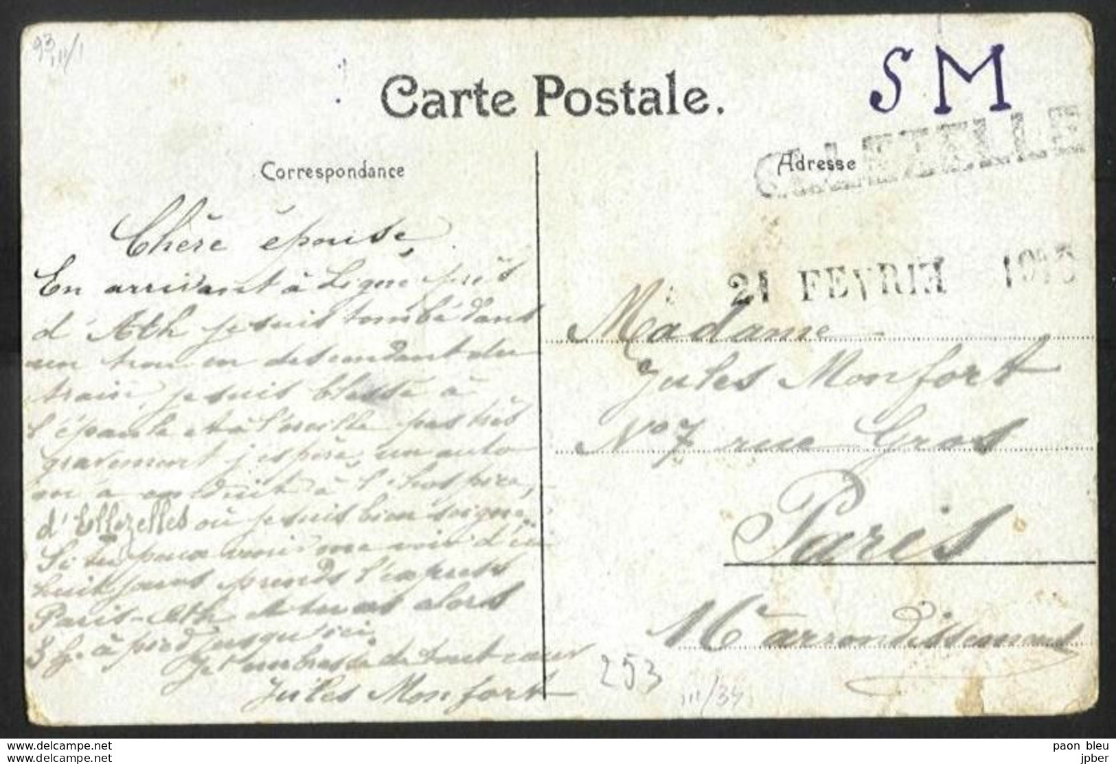 Belgique - Obl.fortune 1919 - Obl. Linéaire ELLEZELLES + Cachet à Date Artisanal 21 Février 1919 Sur Carte Vers Paris - Altri & Non Classificati