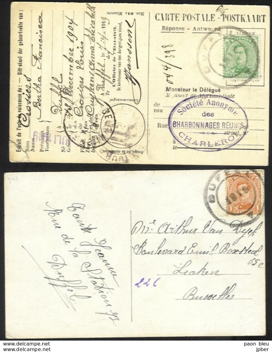 Belgique - Obl.fortune 1919 - Obl. DUFFEL Cachet Type Américain Sur 2 Cartes - Andere & Zonder Classificatie