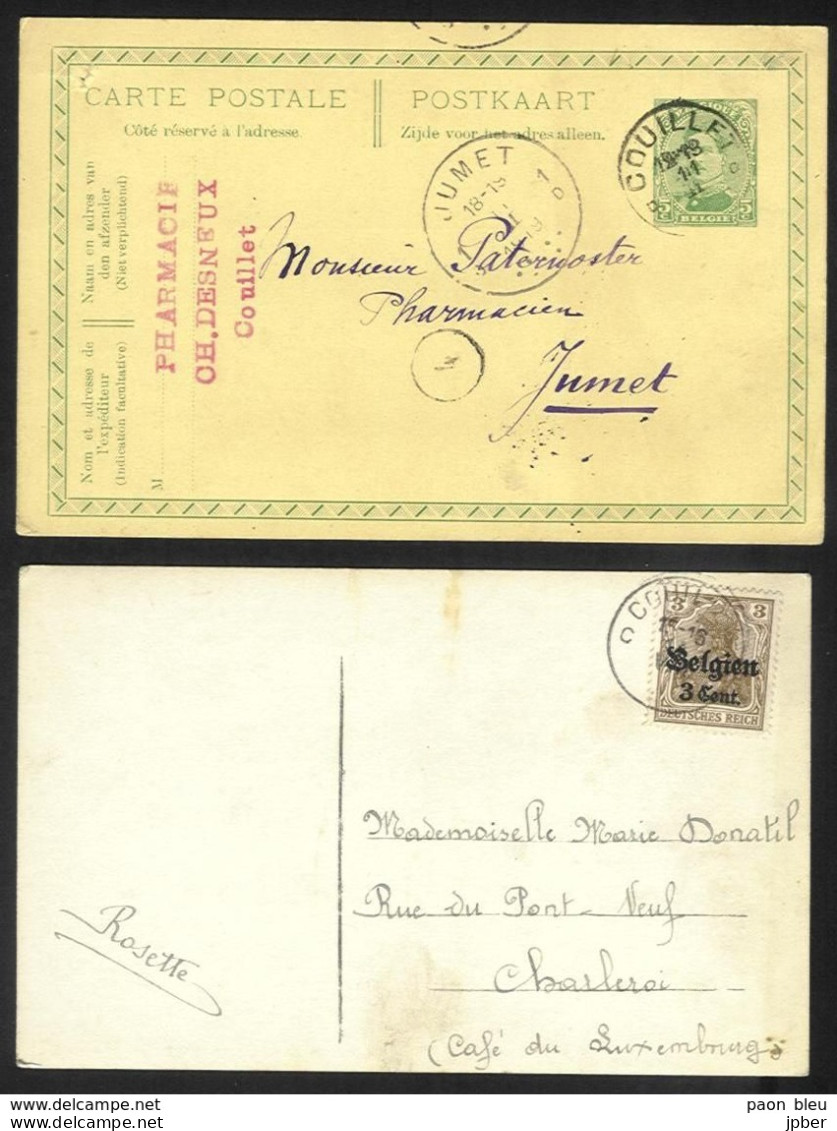 Belgique - Obl.fortune 1919 - Obl. COUILLET Année Grattée Sur 2 Cartes Dont OC11 Usage Tardif - Andere & Zonder Classificatie