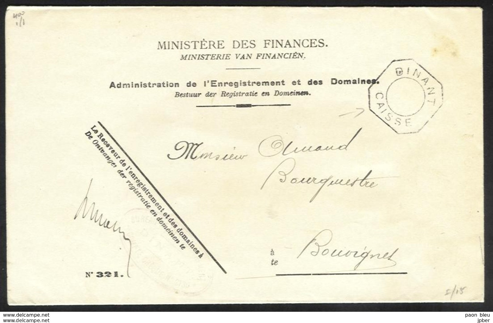 Belgique - Obl.fortune 1919 - Obl. DINANT CAISSE - Lettre En Franchise Vers Bouvignes Du 10/12/18 "avis Oublié Au Bureau - Other & Unclassified