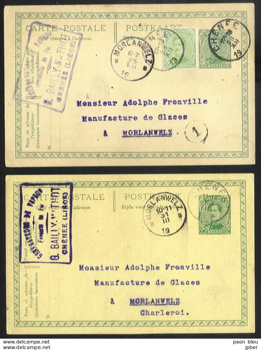 Belgique - Obl.fortune 1919 - 2 Cartes De CHENEE Vers MORLANWELZ Avec Cachet Millésime Gratté - Andere & Zonder Classificatie