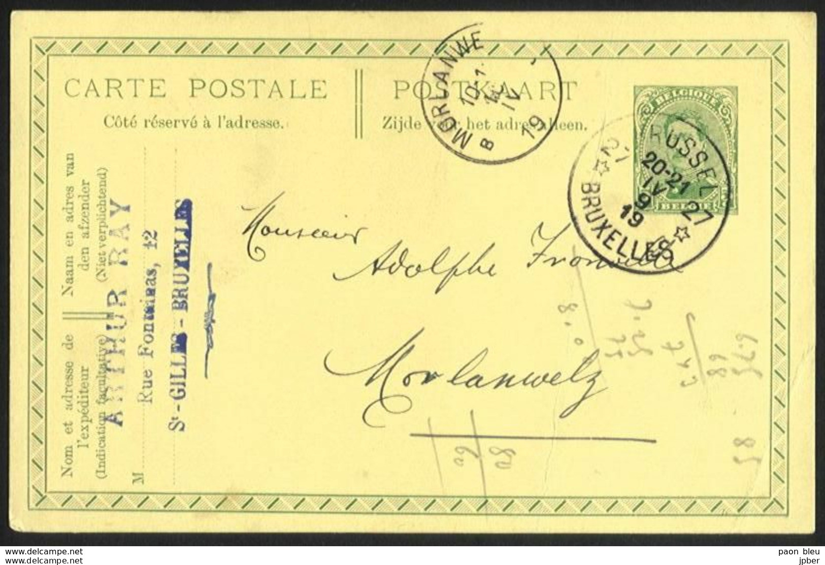 Belgique - Obl.fortune 1919 - Sur Carte Obl.Agence BRUSSEL*27*BRUXELLES Vers MORLANWELZ Cachet Année Grattée - Fortune (1919)