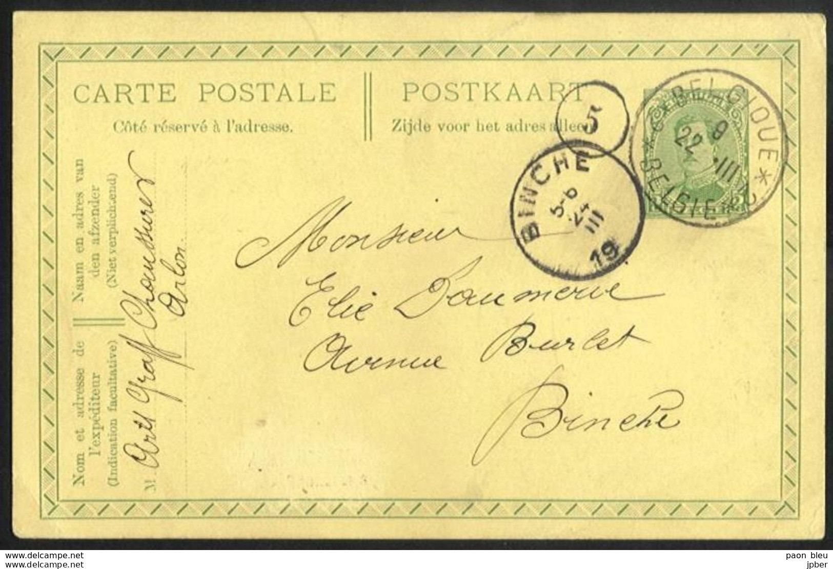 Belgique - Obl.fortune 1919 -  Sur Carte Postale - Cachet BELGIQUE*2 De ARLON Vers BINCHE Année Grattée - Foruna (1919)