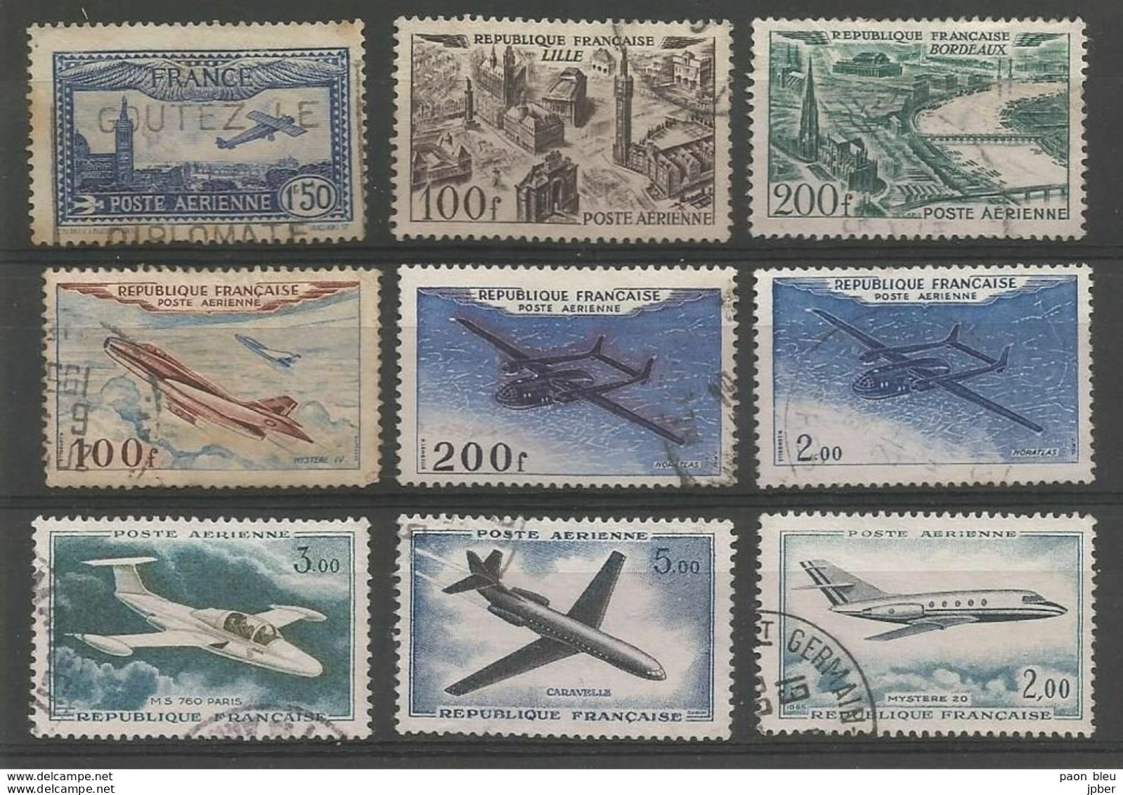 France - Poste Aérienne - Entre N°6 Et N°42 - 9 Timbres Obl. - Mystère 20, Caravelle, Noratlas, ... - 1927-1959 Afgestempeld