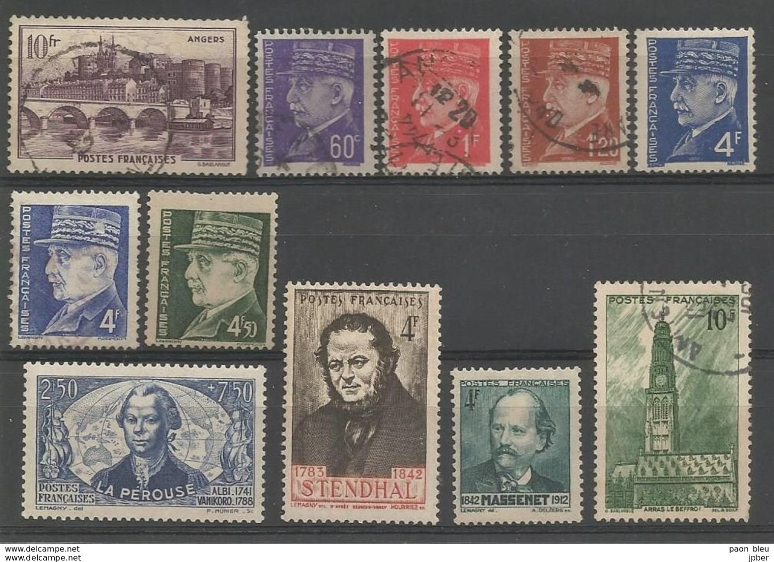 France - Lot De 11 Timbres Obl. Et * - Massenet, Pétain, Arras, Stendhal, La Pérouse, Angers - Oblitérés