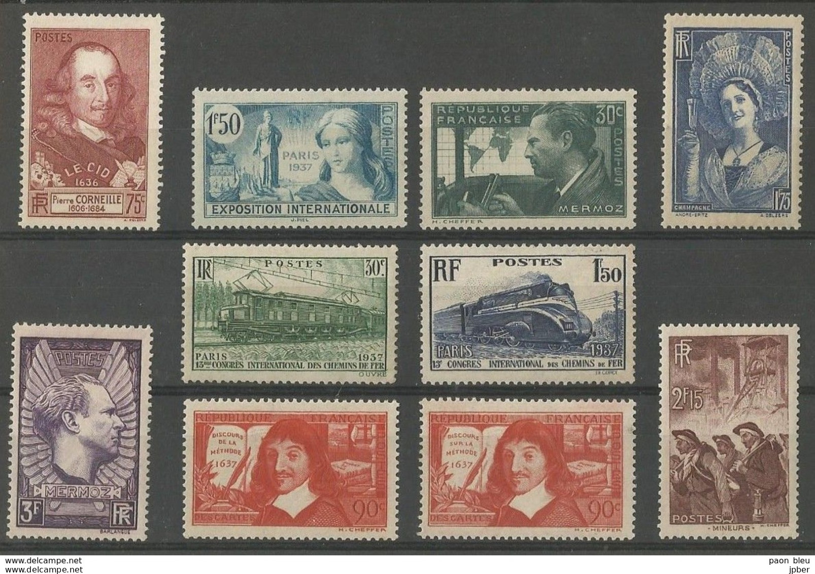 France - Entre N° 335 Et 390 - 10 Timbres * - Descartes - Mineurs - Coiffe - Trains - Mermoz - Corneille - Neufs