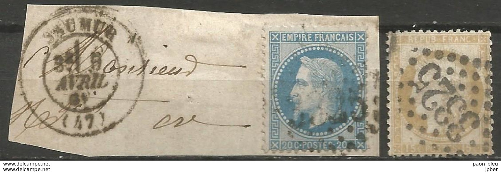 France - Napoleon III Et/ou Cérès - Oblitération Sur N°29B+55 - GC 3325 SAUMUR (Maine & Loire) - 1863-1870 Napoléon III Lauré