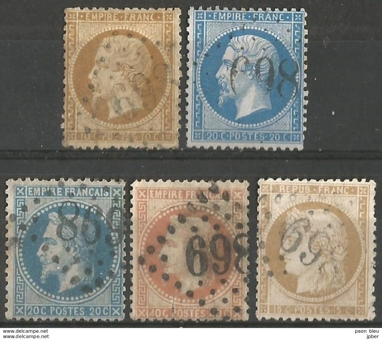 France - Napoleon III Et/ou Cérès - Oblitération Sur N° 21+22+29A+31+59 - GC 698 CALAIS (Pas-de-Calais) - 1863-1870 Napoleon III With Laurels