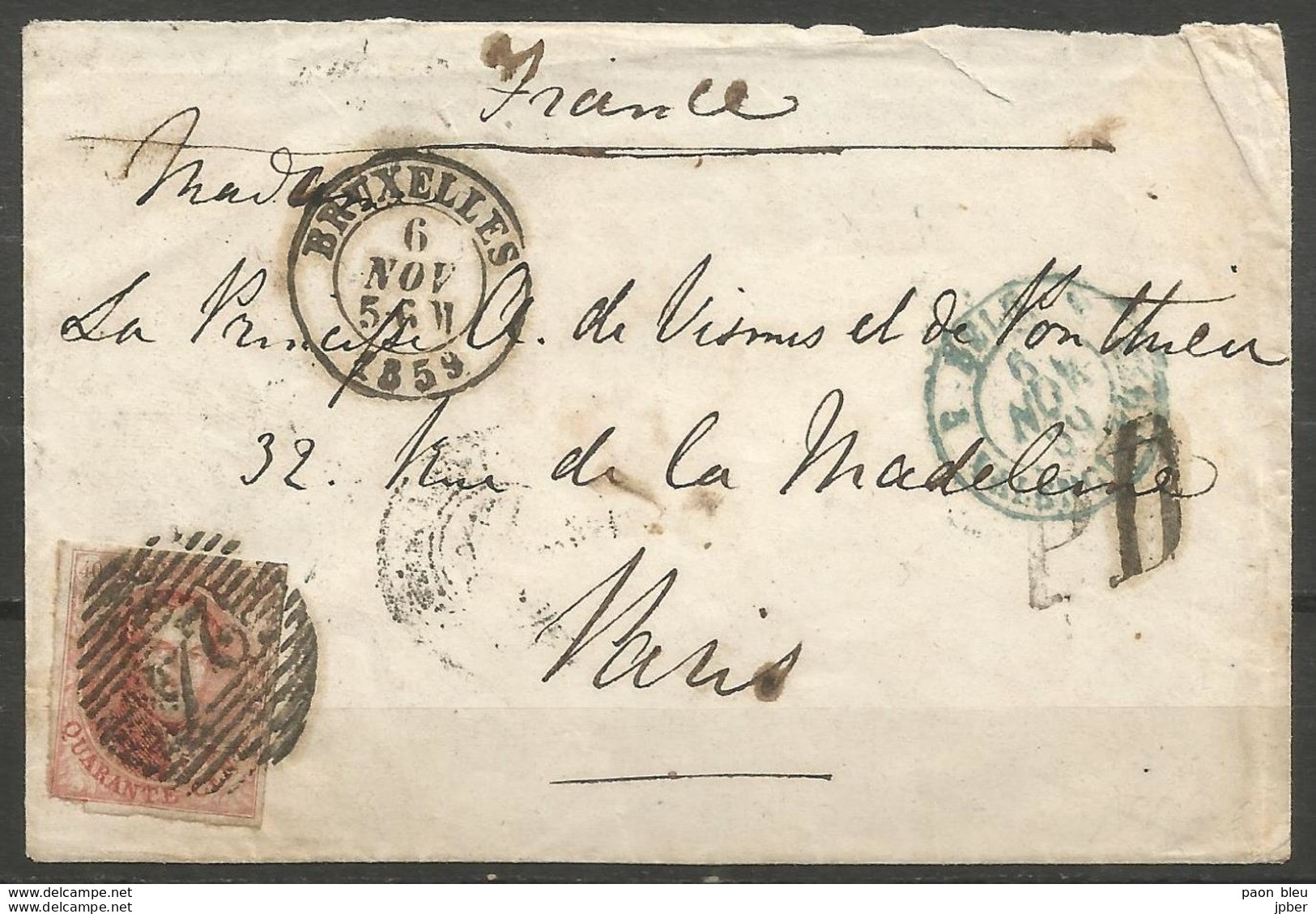 Belgique - Médaillons - Oblitérations P24 BRUXELLES Sur Lettre Du 6/12/59 Vers Paris - Verso : Ambulant Midi N°2 - Postmarks - Lines: Perceptions