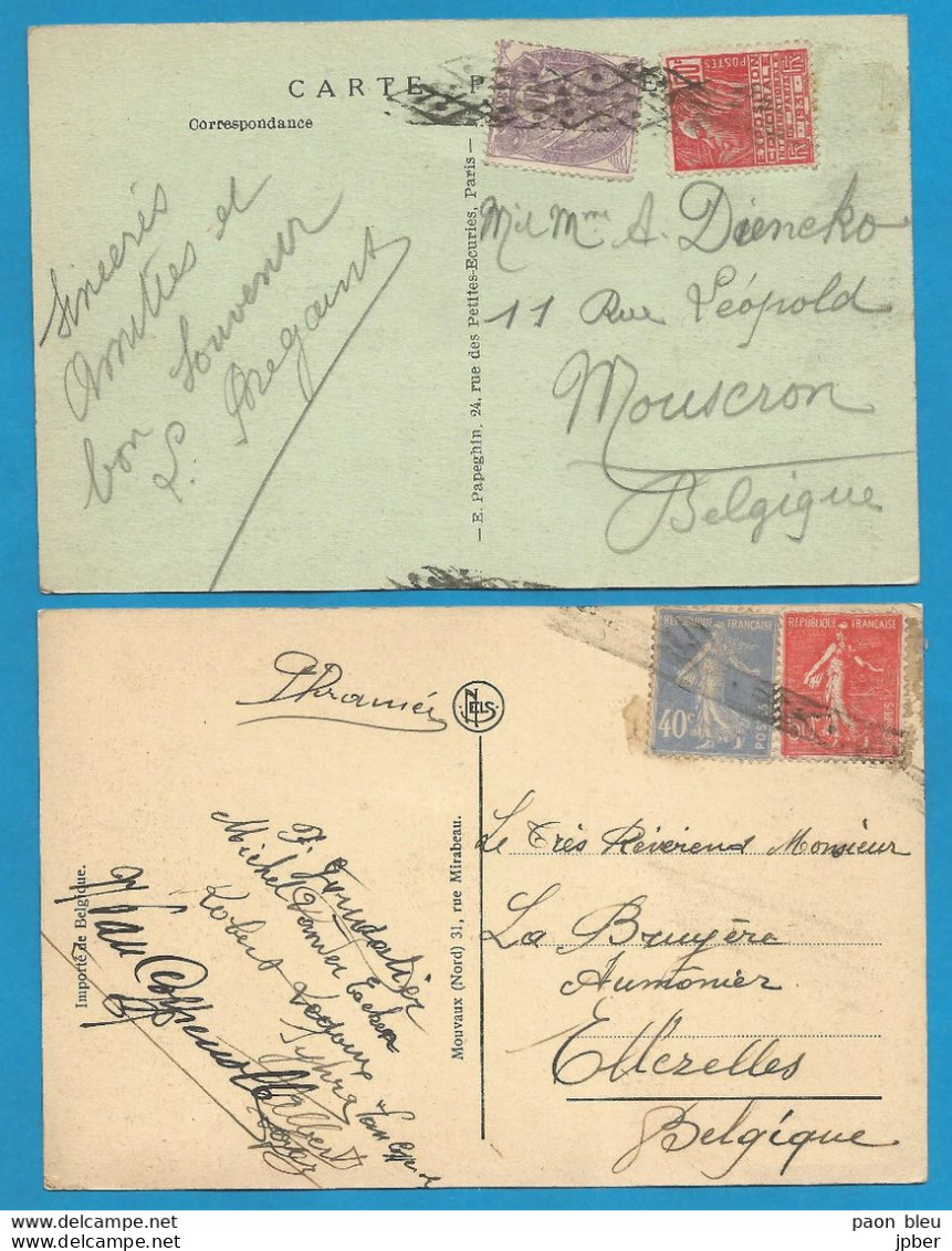 France - 2 Cartes Avec Oblitérations "roulette" De Belgique Sur Type Blanc, Semeuse, Expo Coloniale - Other & Unclassified