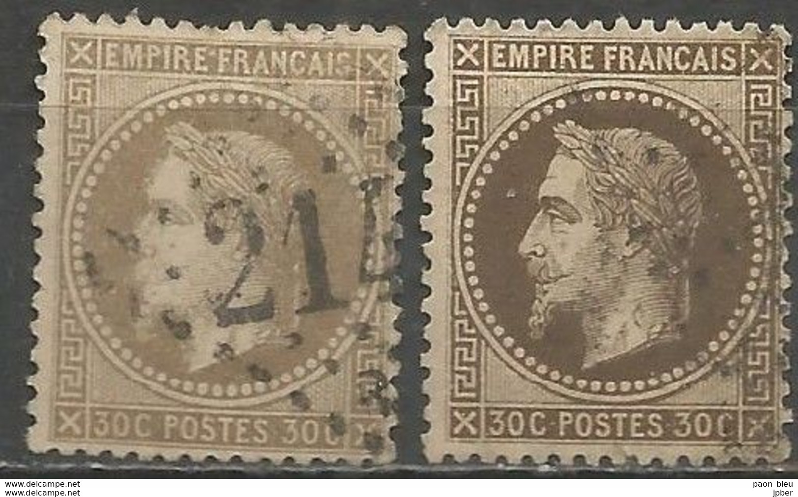 France - Napoléon III Lauré - N° 30 Brun + 30b Brun Noir - 1863-1870 Napoleon III Gelauwerd