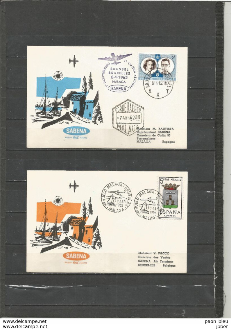 BRUXELLES-MALAGA - Sabena 6/7-4-1962 - Timbres Belgique (Mariage Baudouin-Fabiola) + Espagne + San Marino + Royaume-Uni - Flugzeuge