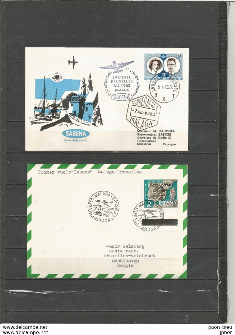 BRUXELLES-MALAGA - Sabena 6/7-4-1962 - Timbres Belgique (Mariage Baudouin-Fabiola) + Espagne + Turquie + Yougoslavie - Flugzeuge