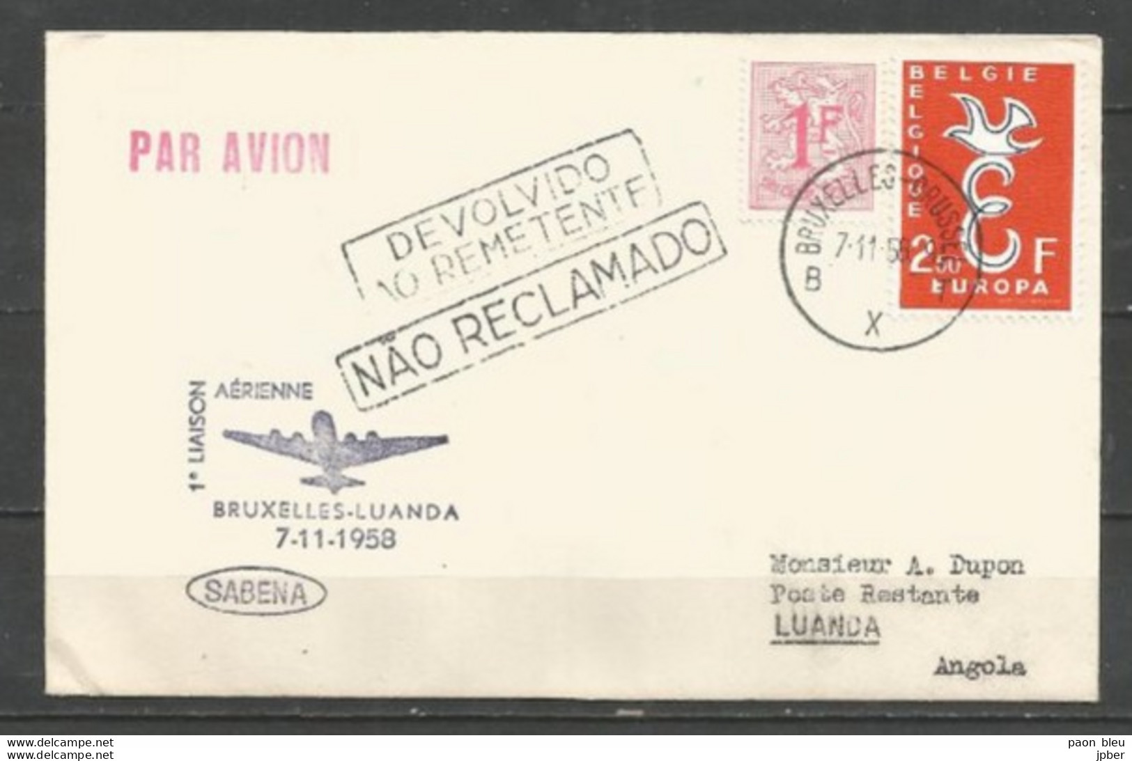 BRUXELLES-LUANDA - Sabena 7-11-1958 - Timbres Belgique (Europa + Lion Héraldique) - Vliegtuigen