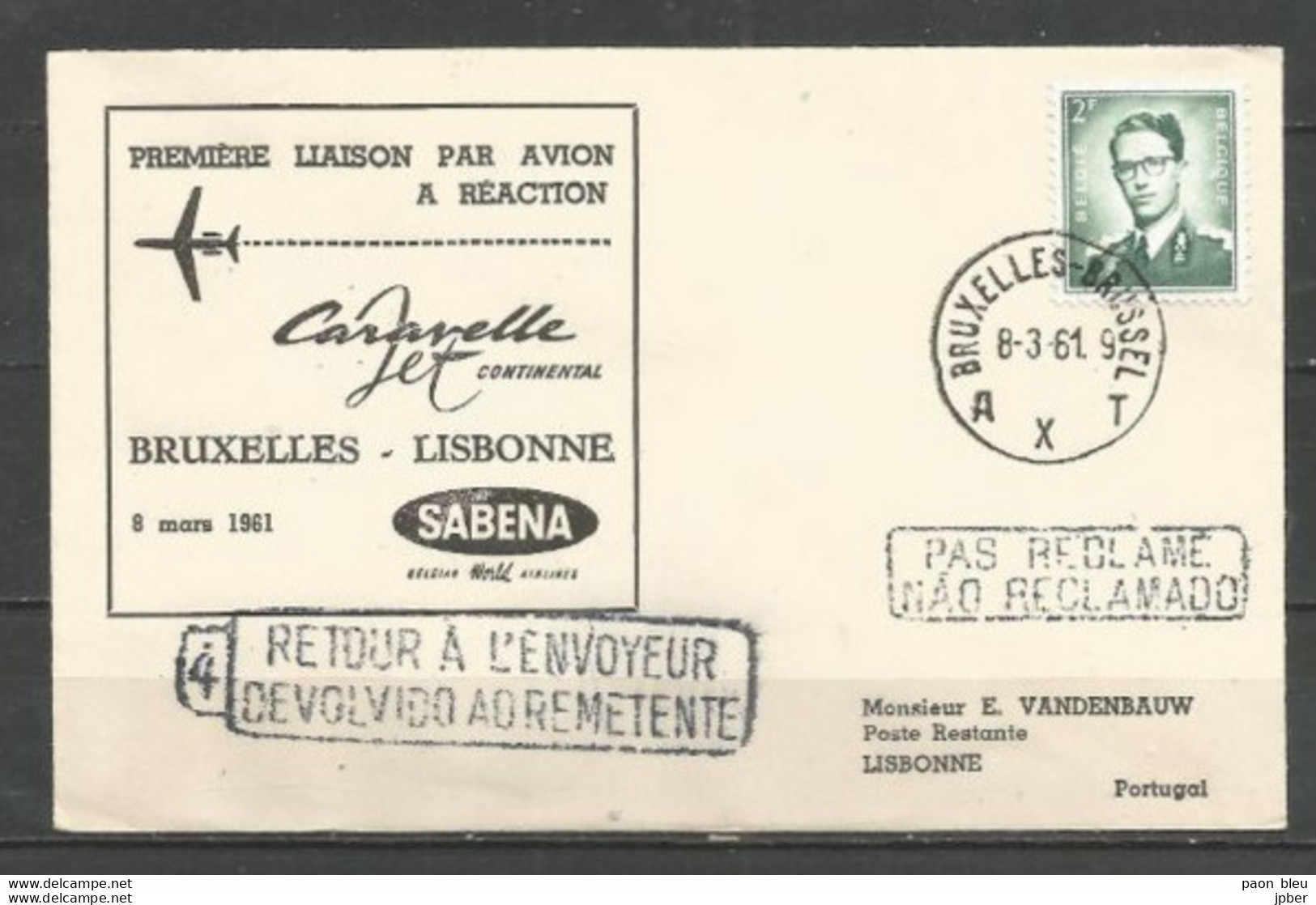 BRUXELLES-LISBONNE - 8/3/1961 - Timbre Belgique (Baudouin Lunettes Type Marchand) - Vliegtuigen