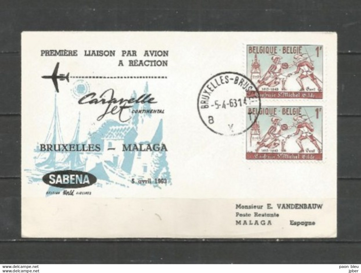 BRUXELLES-MALAGA - Sabena 5-4-1963 - Timbres Belgique (Gilde St Michel) - Flugzeuge