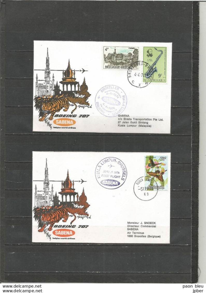 BRUXELLES-KUALA LUMPUR - Sabena 4/5-4-1974 - Timbres Belgique (Chimay, Sax) + Malaisie (Papillons) + Suède - Vliegtuigen