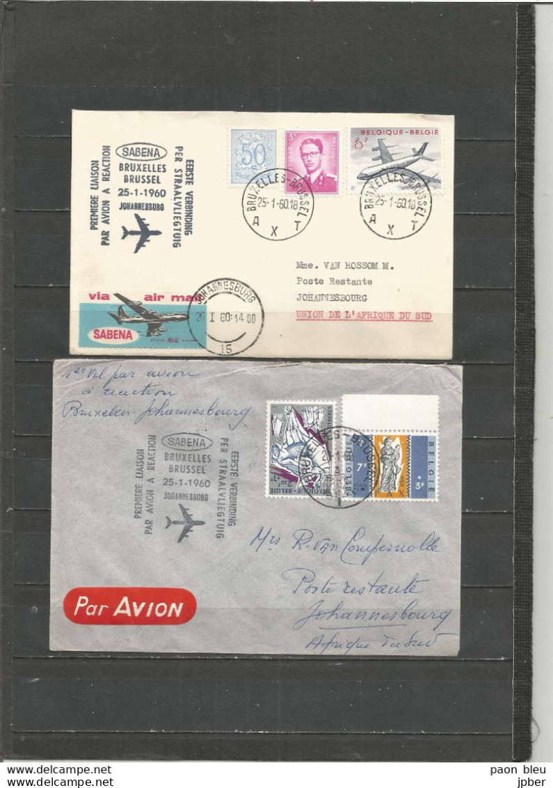 BRUXELLES-JOHANNESBURG - Sabena 25/26-1-1960 - Timbres Belgique (Baudouin Lunettes Type Marchand + Stavelot + Pax) - Airplanes