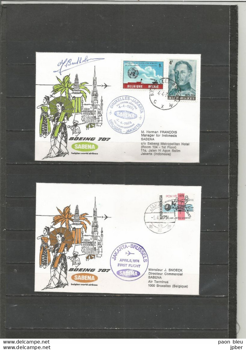 BRUXELLES-JAKARTA - Sabena 4/5-4/1974 - Timbres Belgique (Roi Albert Ier + Année Météorologique) + Indonésie - Flugzeuge