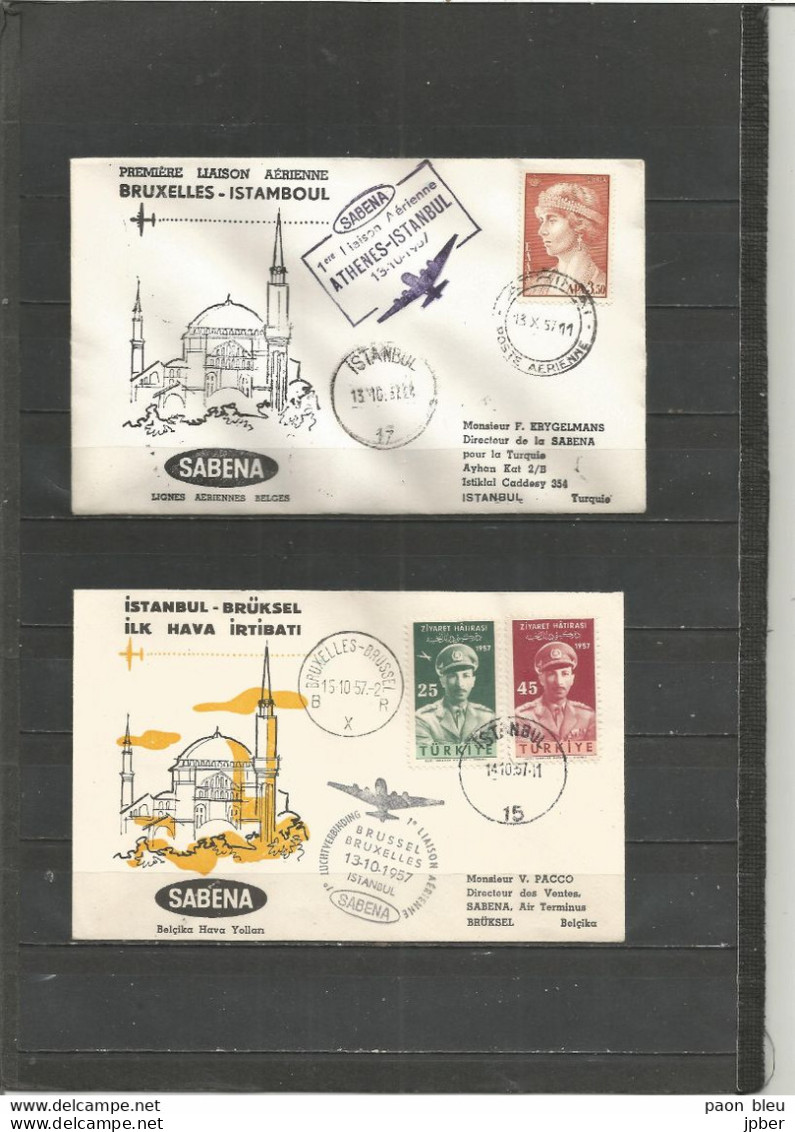 BRUXELLES-ATHENES-ISTANBUL - Sabena 13/15-10/1957 - Timbres Grèce + Turquie + Islande + Allemagne (Merzig) - Flugzeuge