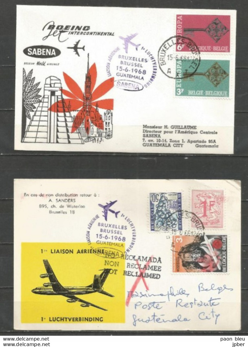 BRUXELLES-GUATEMALA - Sabena 15/16/6/1968 - Timbres Belgique (Europa, Hoeilaart, Franchimont)+ Guatemala - Avions