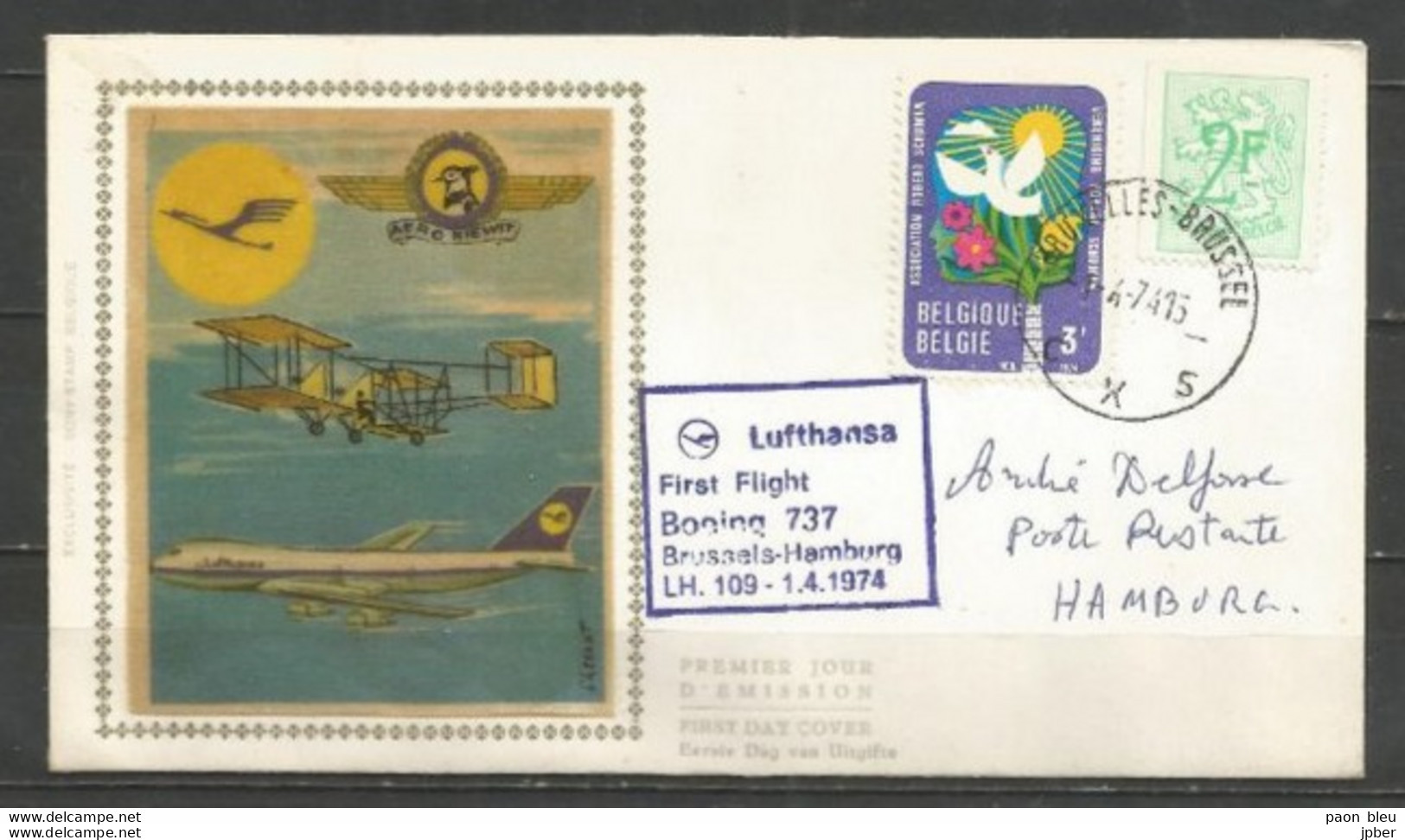 BRUXELLES-HAMBOURG - LUFTHANSA 1/4/1974 - Timbres Belgique - Airplanes