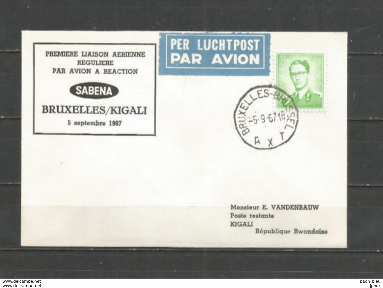 BRUXELLES-KIGALI - Sabena 5-9-1967 - Timbres Belgique (Baudouin Lunettes Type Marchand) - Airplanes