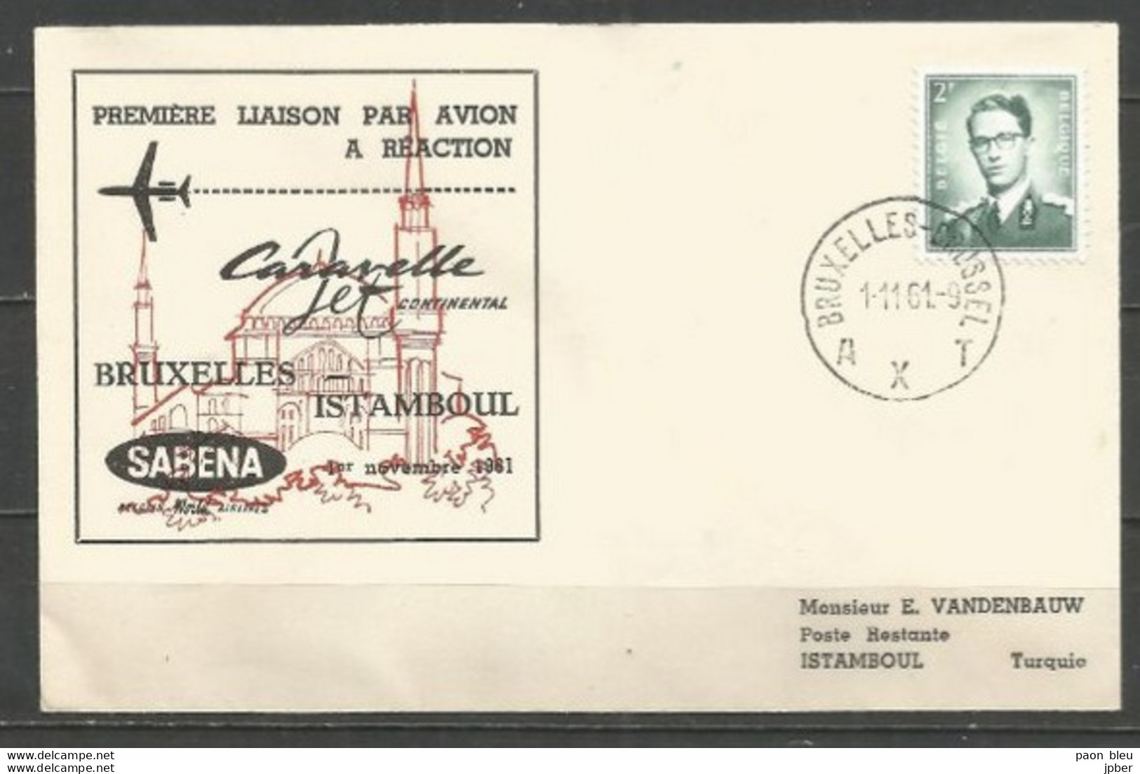 BRUXELLES-ISTANBUL - Sabena 1/11/1961 - Timbres Belgique (Baudouin Lunettes Type Marchand) - Vliegtuigen