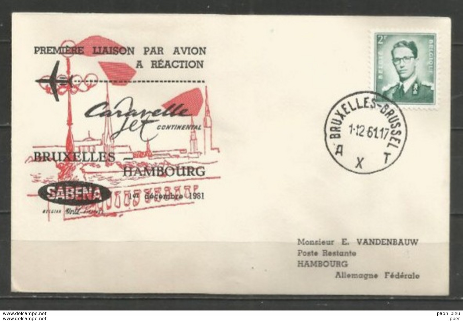 BRUXELLES-HAMBOURG - Sabena 1/12/1961 - Timbres Belgique (Baudouin Lunettes Type Marchand) - Flugzeuge