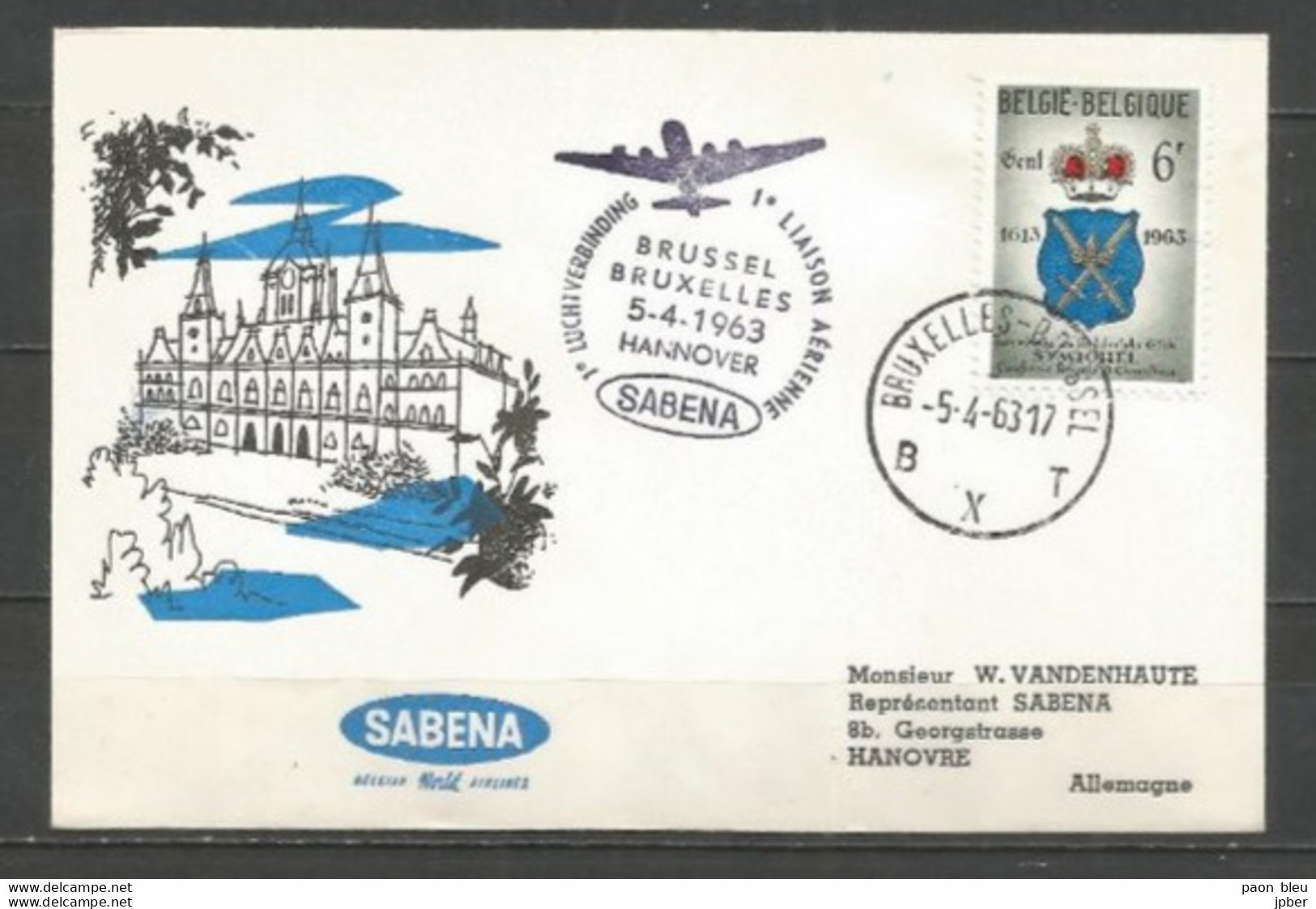 BRUXELLES-HANNOVRE - Sabena 5/4/1963 - Timbres Belgique (Gilde St Michel) - Flugzeuge