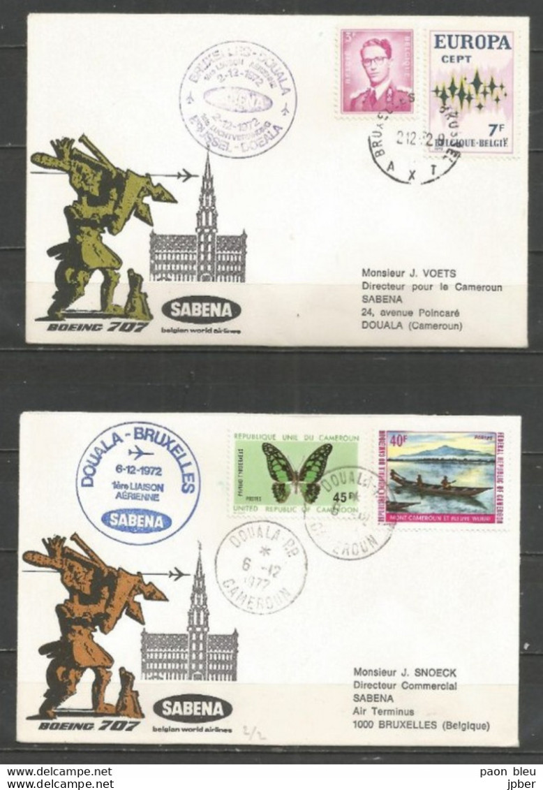 BRUXELLES-DOUALA- Sabena2/6-12-1972 - Timbres Belgique (Europa, Baudouin Lunettes) + Cameroun (Papillon, Pirogue) - Avions