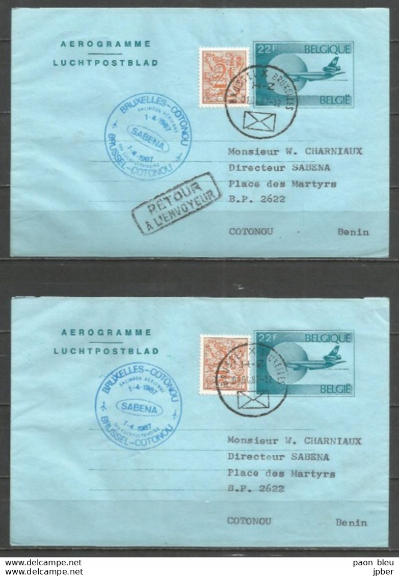 BRUXELLES-COTONOU 1-4-1987 - Sabena - Timbres Belgique Aérogramme + Lion Héraldique - Vliegtuigen