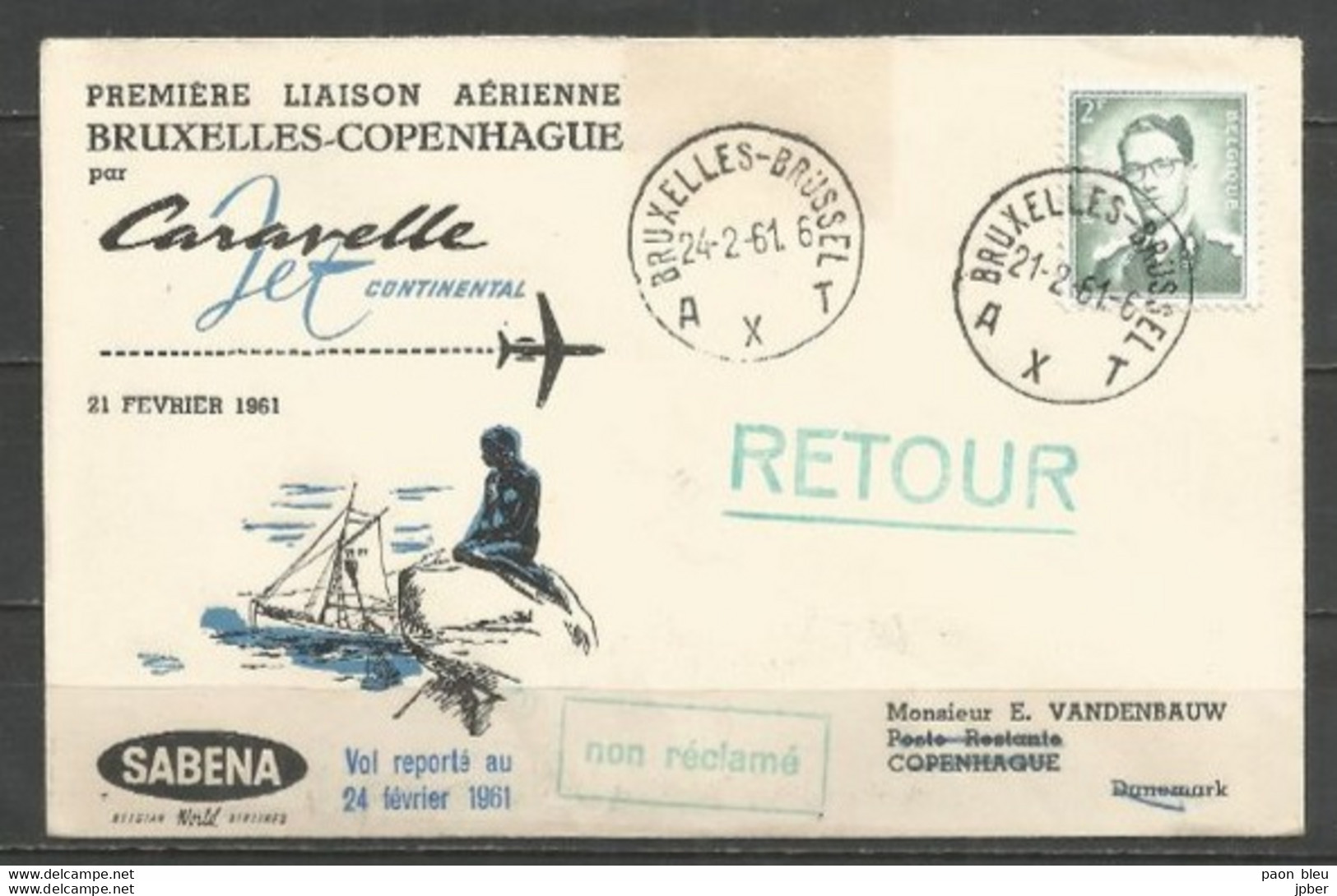 BRUXELLES-COPENHAGUE 21/2/1961 - Sabena - Timbres Belgique Baudouin Lunettes Type Marchand - Airplanes