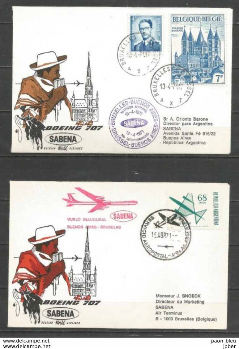 BRUXELLES-BUENOS AIRES 13/15-4-1971 - Sabena Boeing 707 - Timbres Belgique Baudouin Lunettes Type Marchand + Tournai - Avions