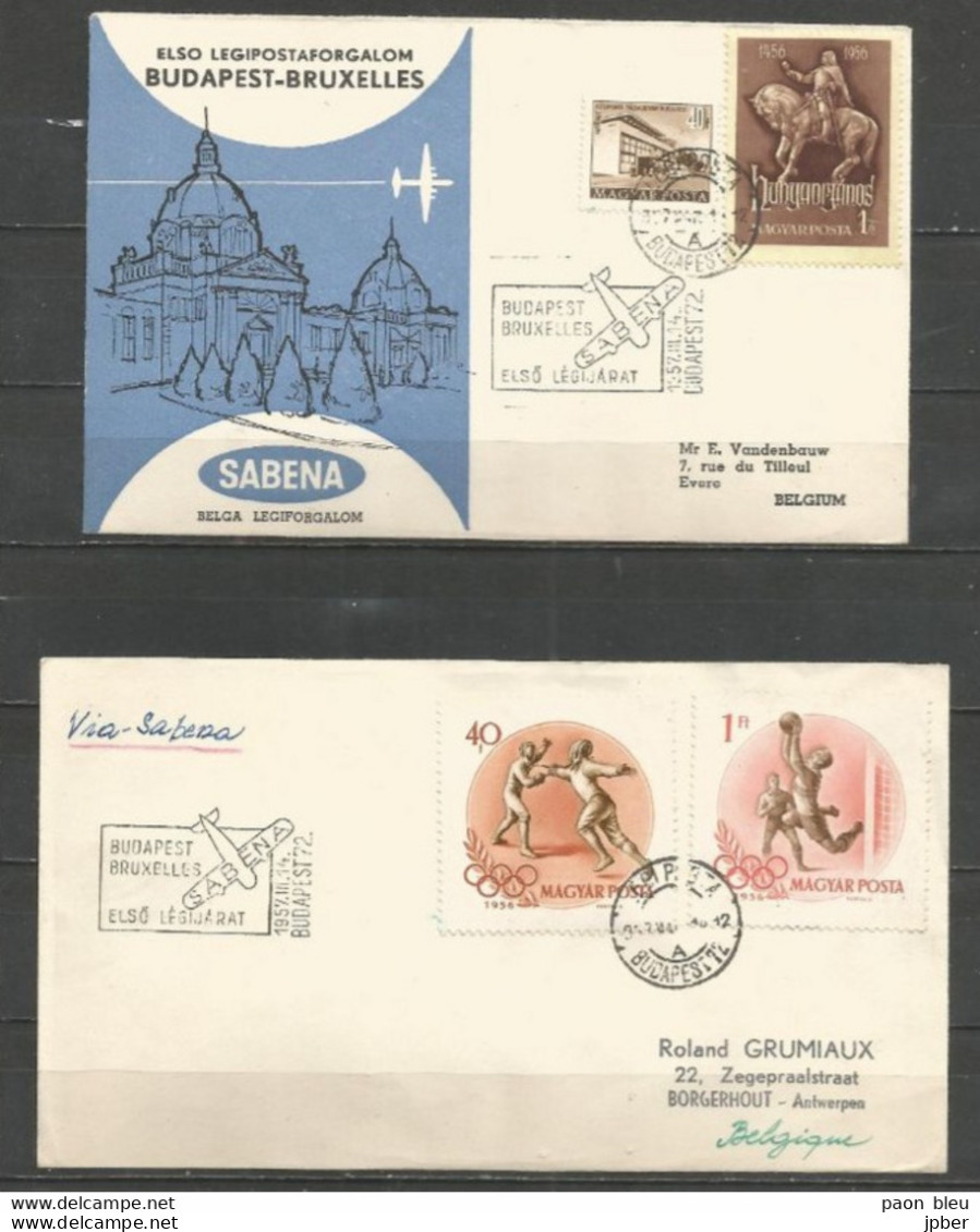 BRUXELLES-BUDAPEST 14-3-1957 - Sabena - Timbres Hongrie Croix-Rouge, Escrime, Football, Jeux Olympiques 1956 - Vliegtuigen