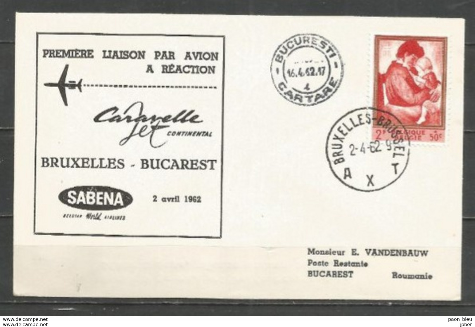 BRUXELLES-BUCAREST 16-4-62 - Sabena Caravelle - Timbre Belgique Permeke - Vliegtuigen