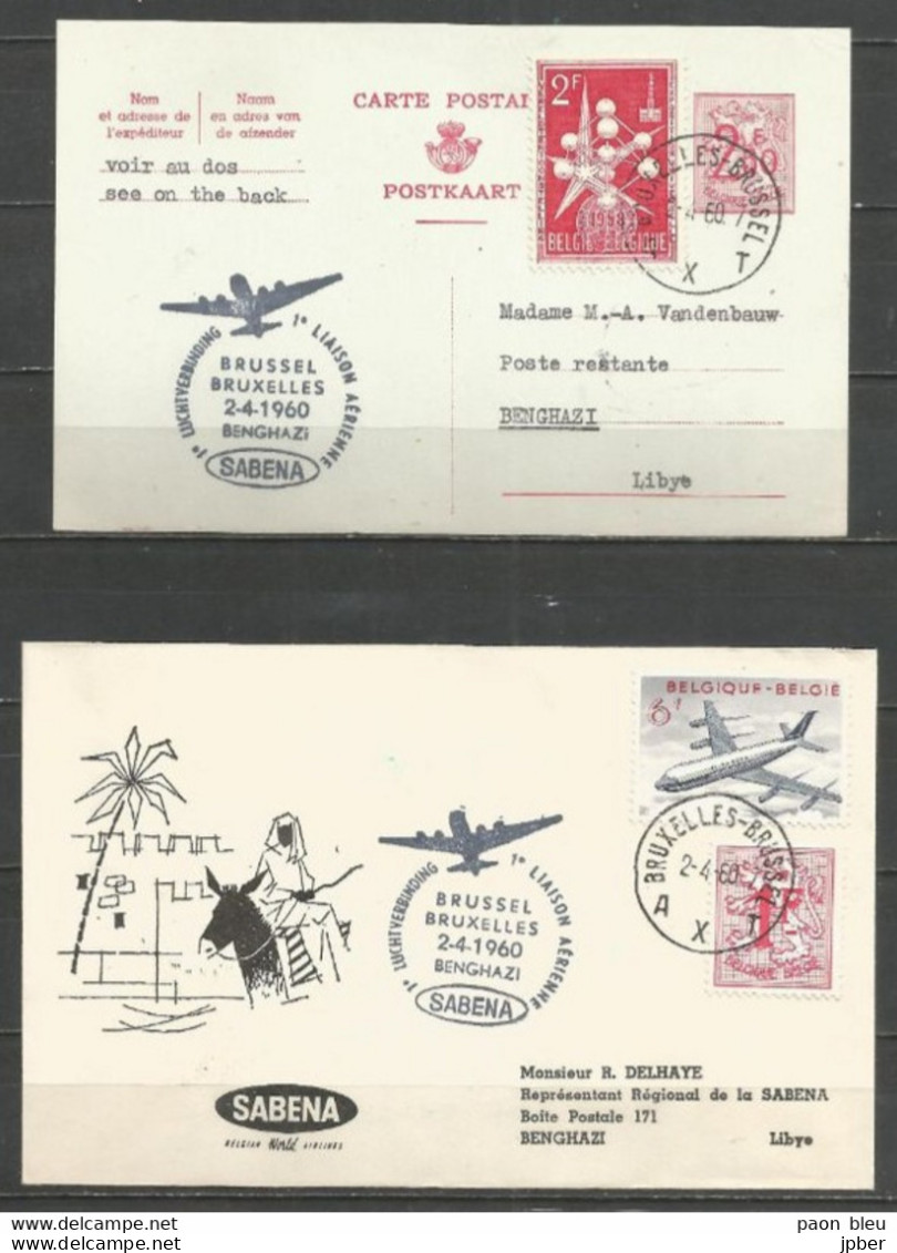 BRUXELLES-BENGHAZI 2-4-60 - Sabena - Timbre Belgique Expo 1958 + Lion Héraldique - Avions