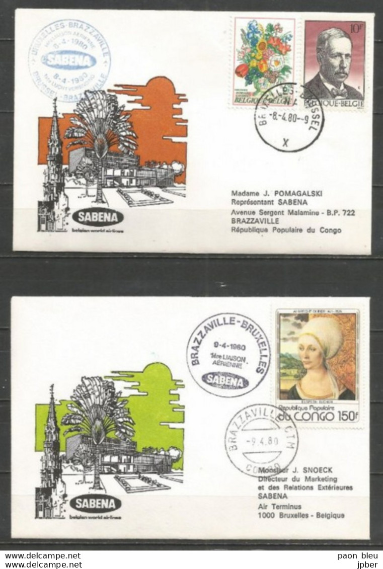 BRUXELLES-BRAZAVILLE 8/9-4-80 - Sabena - Timbres Belgique Floralies Gantoises, Albert Ier + Congo A.Dürer - Airplanes