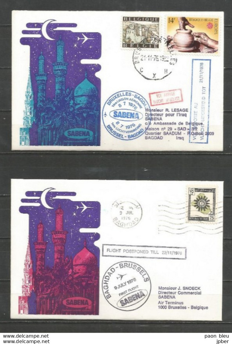 BRUXELLES-BAGDAD 8/9-7-1976 - Sabena - Timbre Belgique Europa Poterie, Bouillon - Iraq - Avions