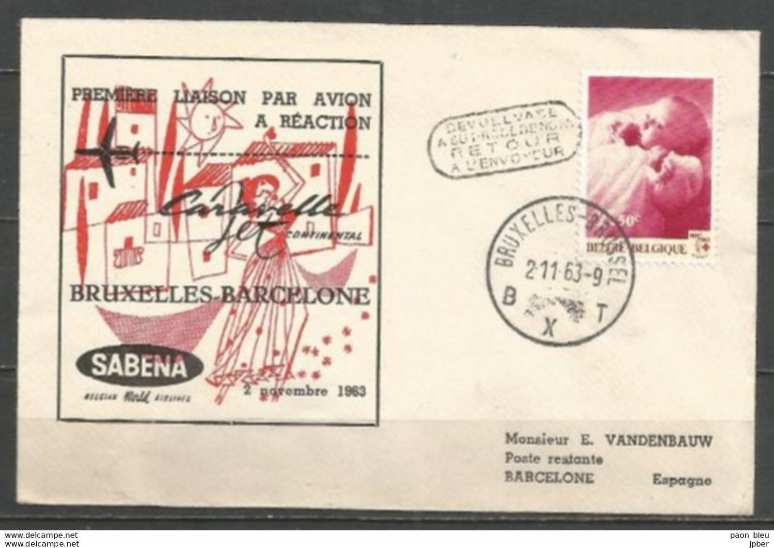 BRUXELLES-BARCELONE  2-11-63 - Sabena Caravelle - Timbre Belgique Princesse Astrid Bébé - Avions