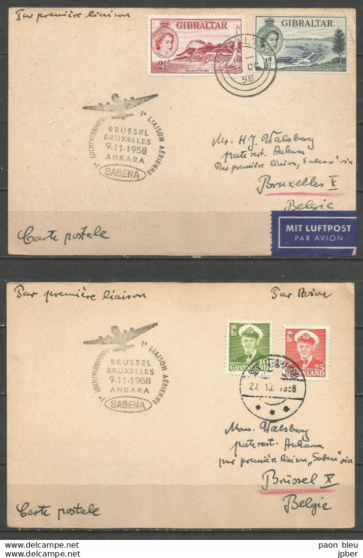 BRUXELLES - ANKARA 9-11-58 - Sabena - Timbres Belgique, Groenland, Gibraltar, Danemark, Suède, Espagne, Liechtenstein - Vliegtuigen