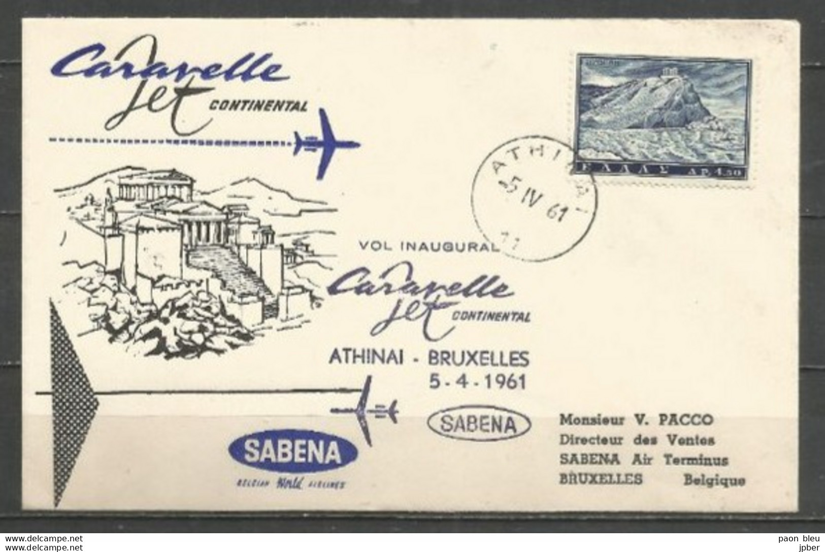 ATHENES-BRUXELLES 5/4/61- Sabena Caravelle - Timbre Grèce Cap Sounion - Avions